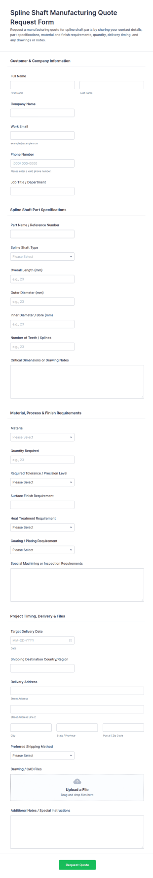 Spline Shaft Manufacturing Quote Request Form Template