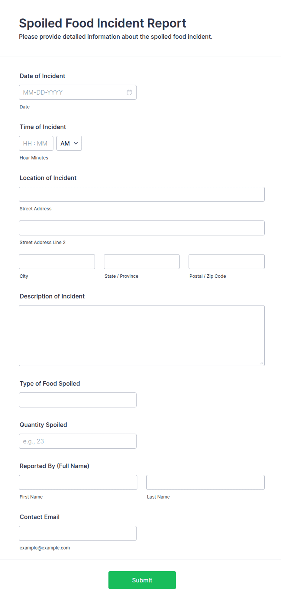 Spoiled Form Sample Spoiled Food Incident Report Form Template | Jotform