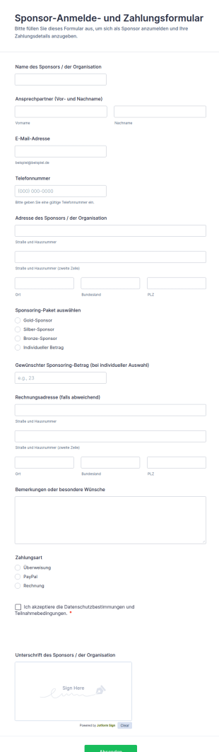 Sponsor Anmelde Und Zahlungsformular