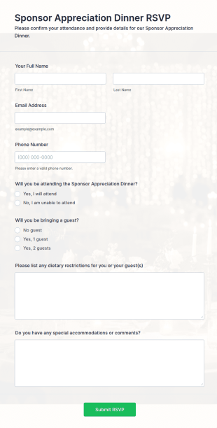 Sponsor Appreciation Dinner RSVP Form Template