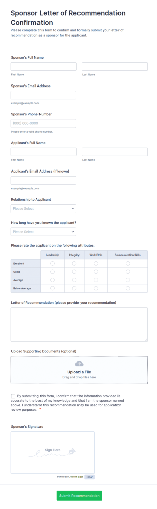 Sponsor Letter Of Recommendation Confirmation Form Template