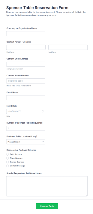 Sponsor Table Reservation Form Template