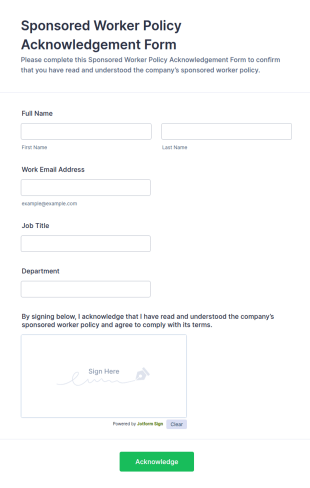 Sponsored Worker Policy Acknowledgement Form Template
