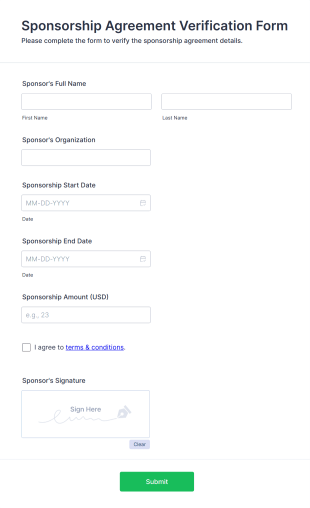 Sponsorship Agreement Verification Form Form Template