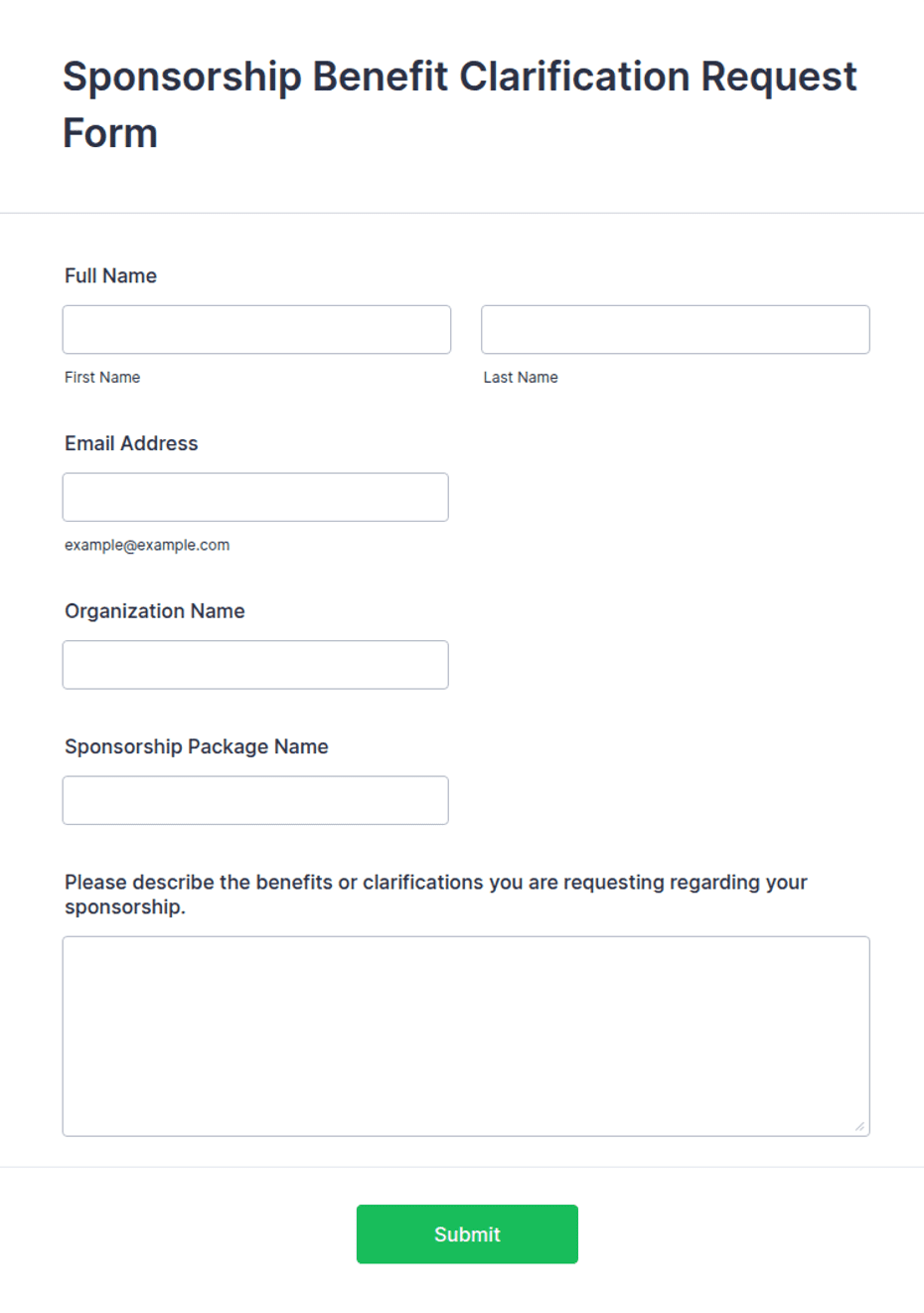 Sponsorship Benefit Clarification Request Form Template | Jotform