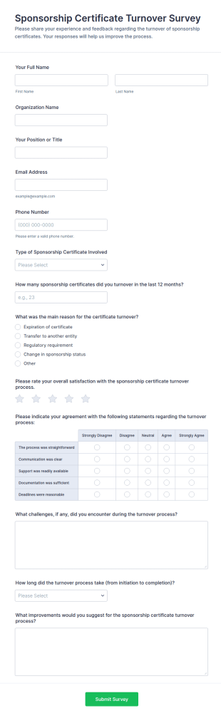 Sponsorship Certificate Turnover Survey Form Template