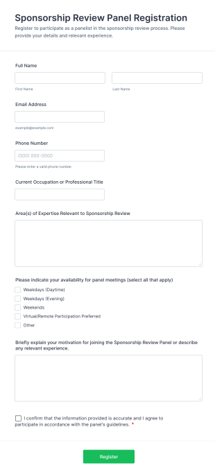 Sponsorship Review Panel Registration Form Template