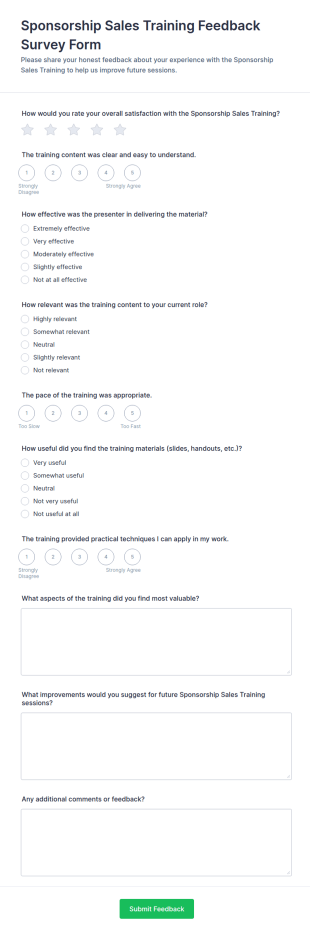 Sponsorship Sales Training Feedback Survey Form Template
