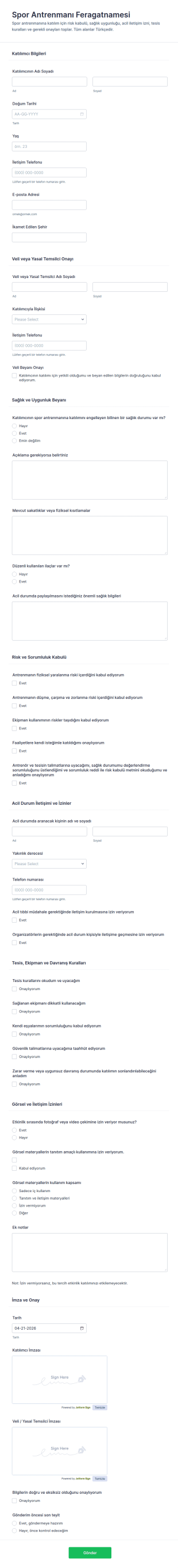 Spor Antrenmanı Sorumluluk Reddi Form Şablonu