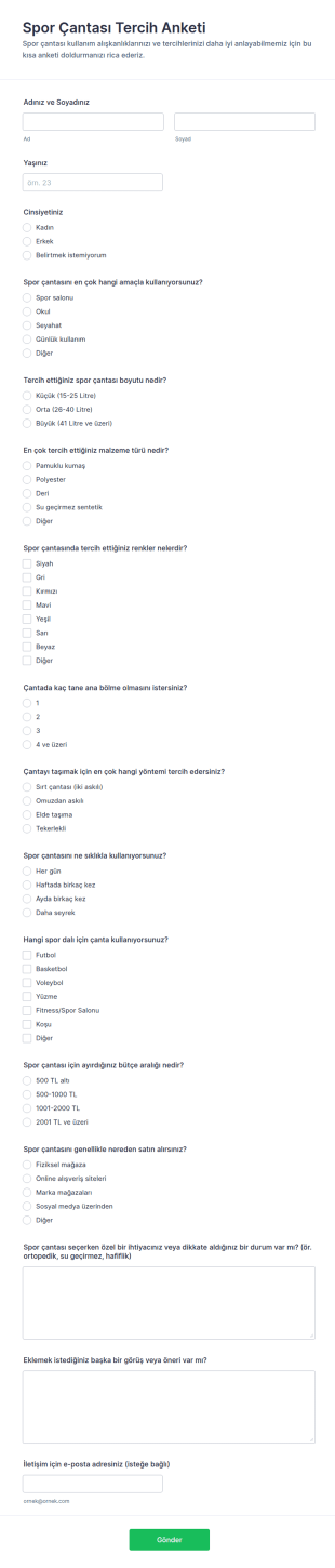 Spor Çantası Tercih Anketi Form Şablonu