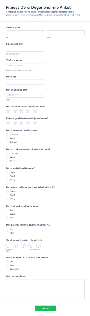 Spor Dersi Değerlendirme Anketi Form Şablonu