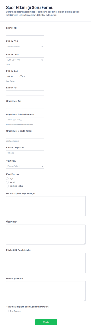Spor Etkinliği Bilgi Giriş Form Şablonu
