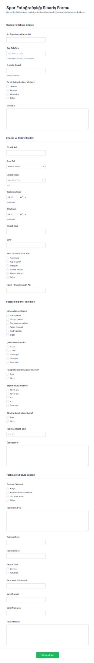 Spor Fotoğrafçılığı Sipariş Formu 📸 Form Şablonu