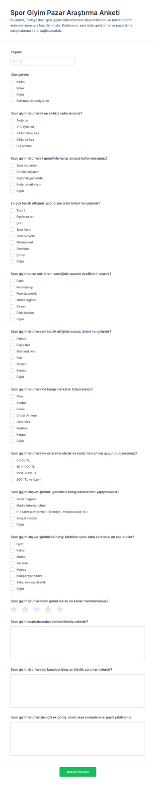 Spor Giyim Pazar Araştırması Anketi Form Şablonu