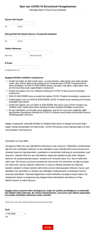 Spor Için COVID 19 Sorumluluk Feragatnamesi Form Şablonu