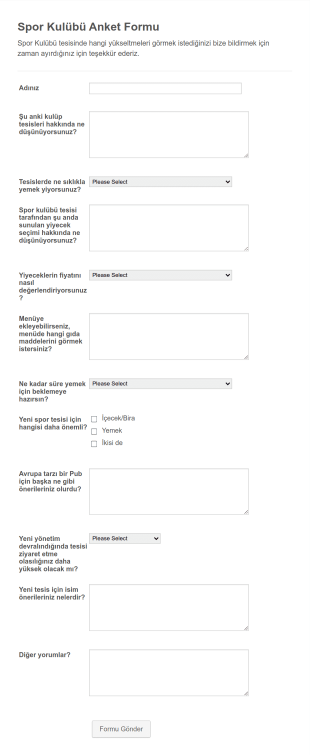 Spor Kulübü Anket Form Template