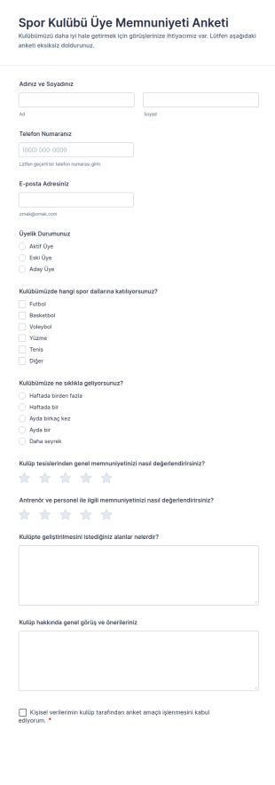 Spor Kulübü Üye Memnuniyeti Anketi Form Şablonu