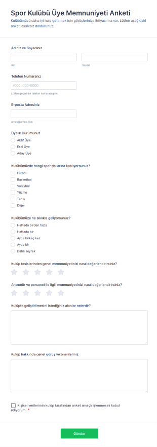 Spor Kulübü Üye Memnuniyeti Anketi Form Şablonu