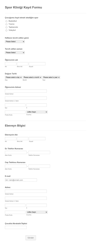 Spor Kursu Kayıt Form Şablonu
