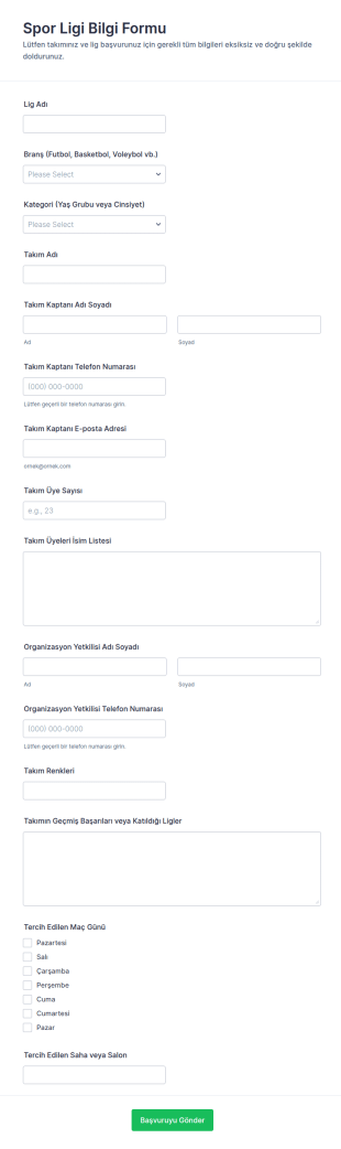 Spor Ligi Bilgi Form Şablonu