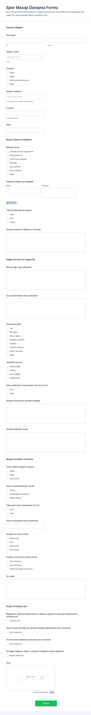 Spor Masajı Danışma Form Şablonu