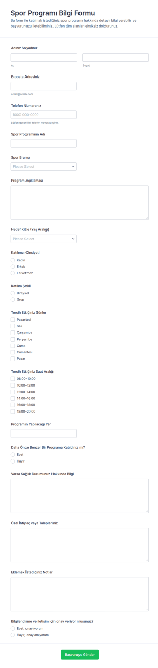 Spor Programı Bilgi Form Şablonu