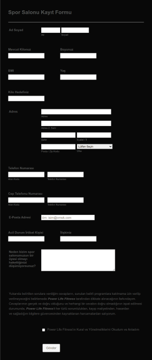 Spor Salonu Kayıt Form Template