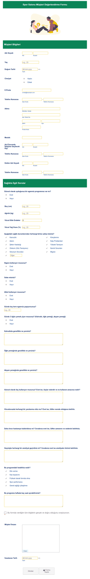 Spor Salonu Müşteri Değerlendirme Form Şablonu