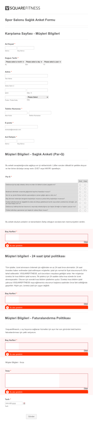 Spor Salonu Sağlık Anket Form Template