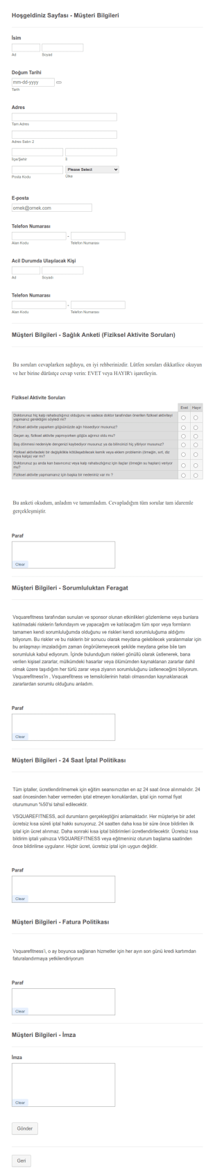 Spor Salonu Sağlık Anketi Form Şablonu