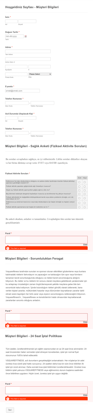 Spor Salonu Sağlık Anketi Form Template