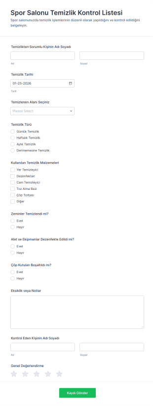 Spor Salonu Temizlik Kontrol Listesi Form Template