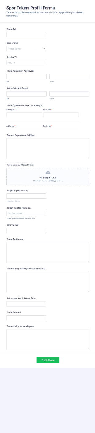 Spor Takımı Profil Form Şablonu