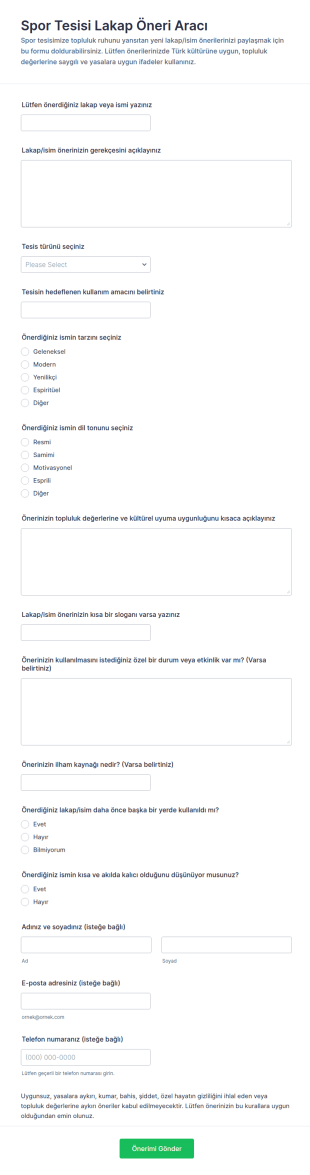 Spor Tesisi Takma Ad Öneri Form Şablonu