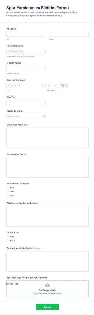 Spor Yaralanması Raporu Anketi Form Şablonu