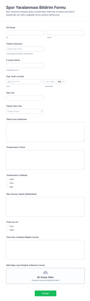 Spor Yaralanması Raporu Anketi Form Şablonu