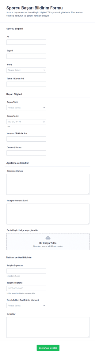 Sporcu Başarı Bildirim Form Şablonu