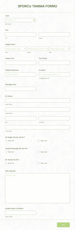 Sporcu Kayıt Form Template
