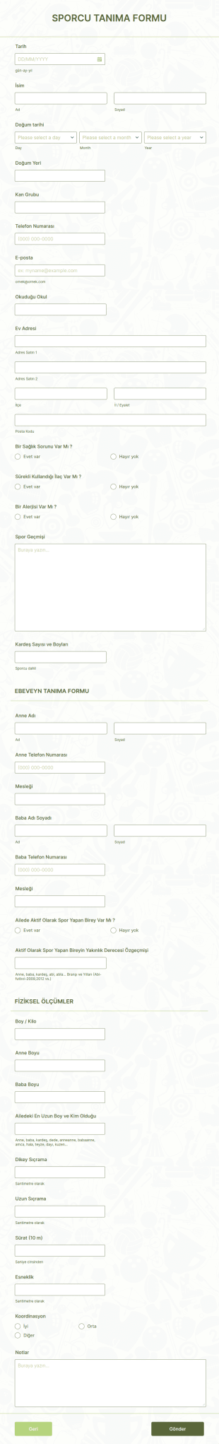 Sporcu Kayıt Form Şablonu