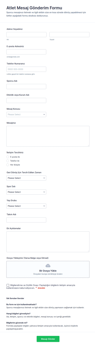 Sporcu Mesaj Başvuru Form Şablonu