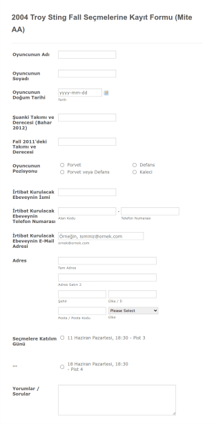 Sporcu Seçmeleri Kayıt Form Template