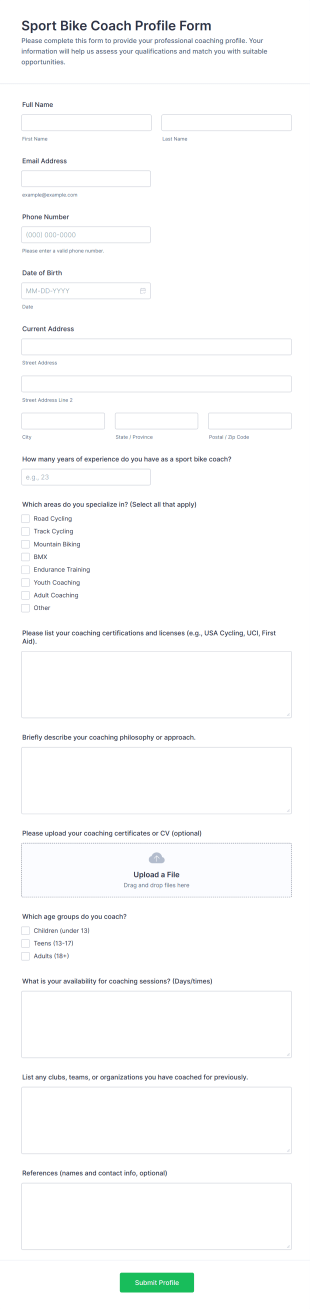 Sport Bike Coach Profile Form Template