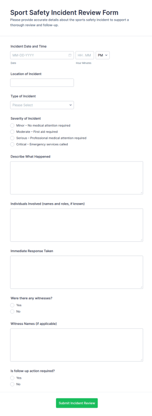 Sport Safety Incident Review Form Template