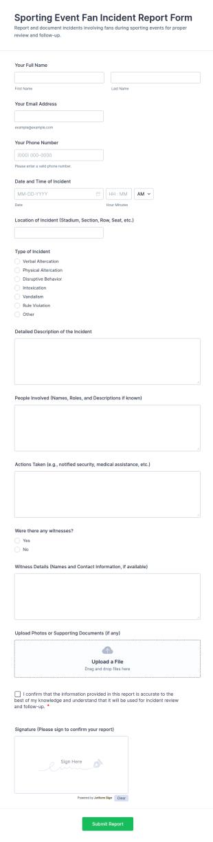 Sporting Event Fan Incident Report Form Template