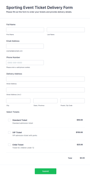Sporting Event Ticket Delivery Form Template