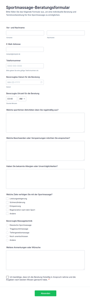 Sportmassage Konsultation Formular