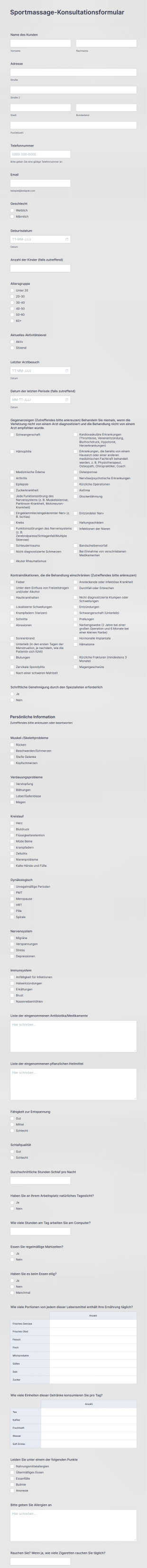 Sportmassage Konsultationsformular