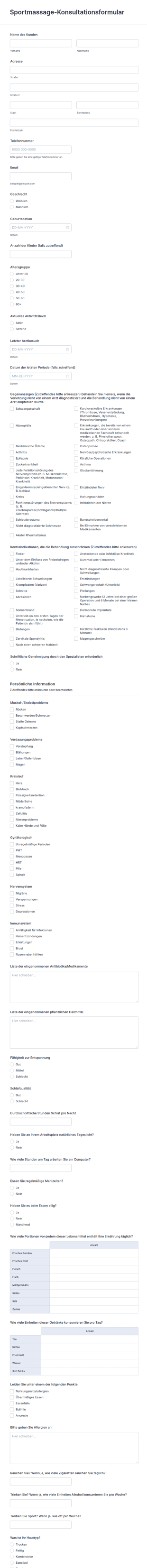 Sportmassage Konsultationsformular