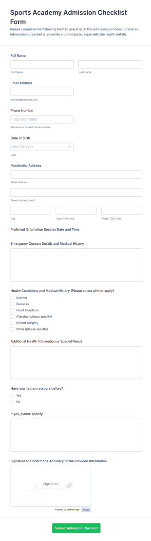 Sports Academy Admission Checklist Form Template