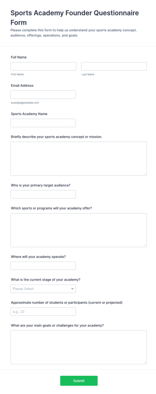 Sports Academy Founder Questionnaire Form Template